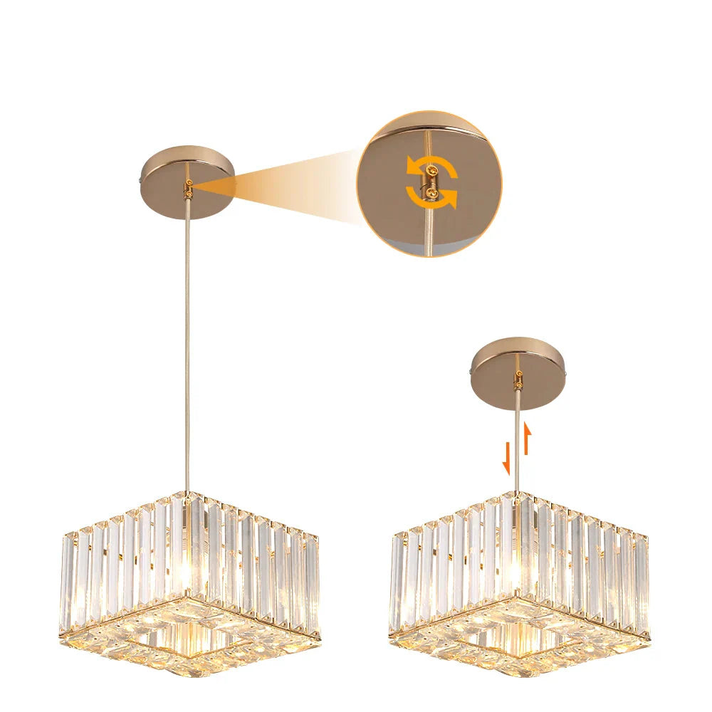 Art Deco square crystal chandelier with rope suspension, adjustable cord height, product-focused view only.