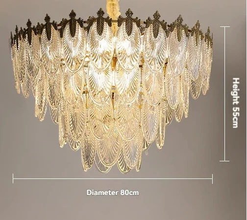 Ornate Retro Leaf Crystal Art Deco LED chandelier with scalloped glass, warm light, 80cm diameter.