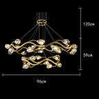 Wavy dimmable LED crystal chandelier with suspended arms, 96 cm wide, 59 cm tall, modern design.