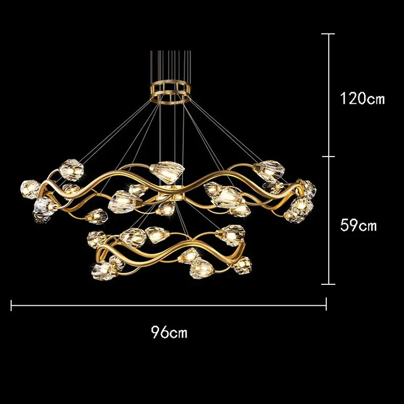 Wavy dimmable LED crystal chandelier with suspended arms, 96 cm wide, 59 cm tall, modern design.