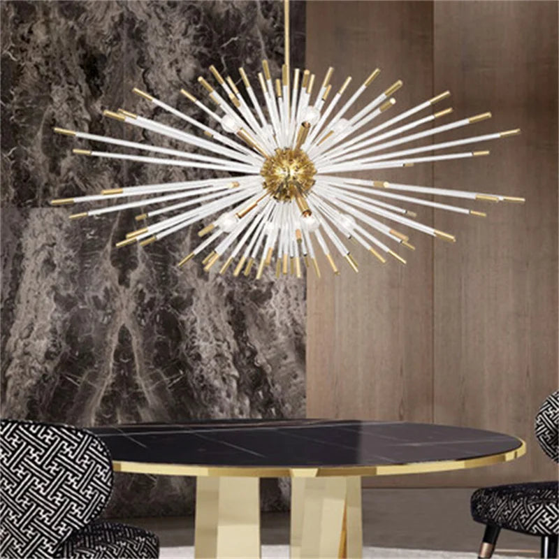 Maison Ornate Golden Crystal Dandelion Shape LED chandelier with intricate gold and crystal detailing.