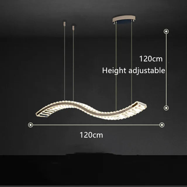 Wave-shaped crystal chandelier with stainless steel bands, adjustable up to 120cm height and 120cm width.