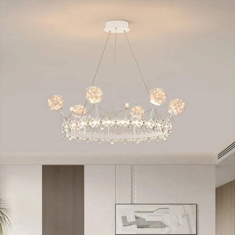 Maison Ornate crown-shaped crystal ball chandelier, sparkling crystals, modern playful ceiling fixture.