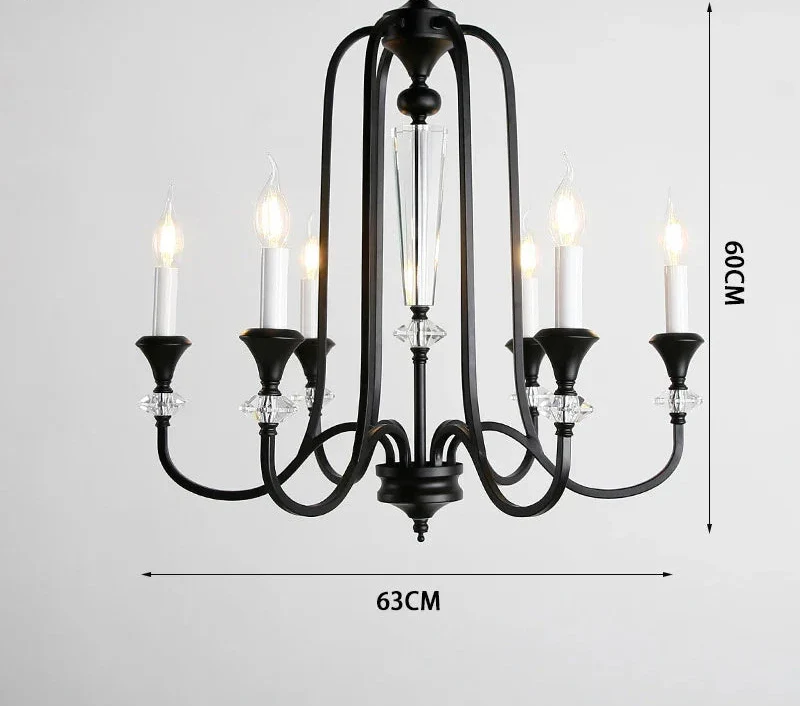 Six-arm black vintage crystal chandelier with candle bulbs and LED, elegant clear crystal accents.