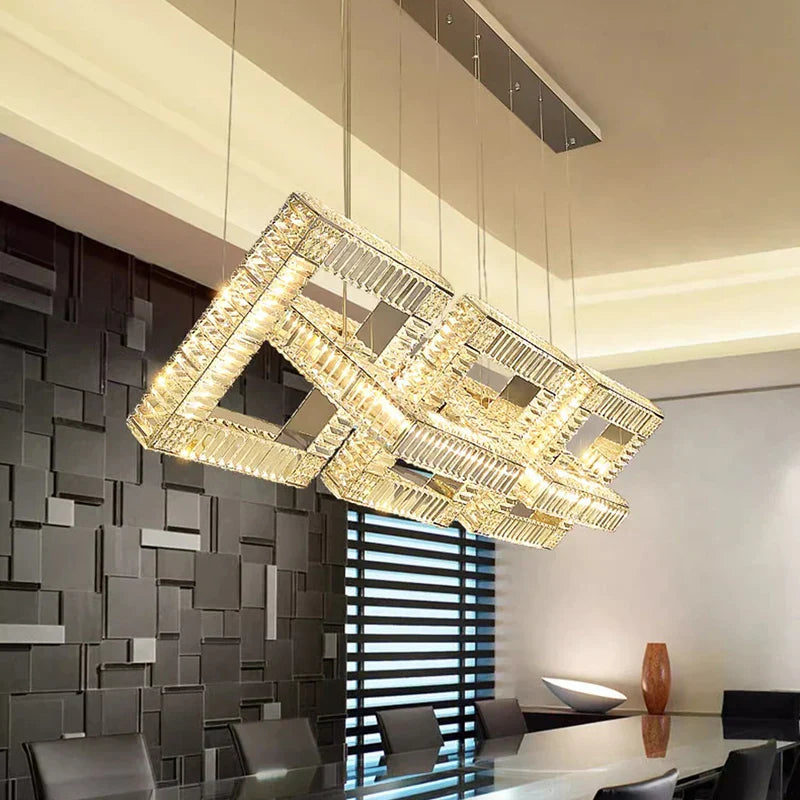 Maison Ornate Gold Crystal Pendant Light, square design with integrated LEDs, emits warm ceiling light.