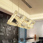 Maison Ornate Gold Crystal Pendant Light, square design with integrated LEDs, emits warm ceiling light.