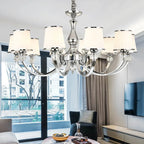 Maison Ornate Luxury Baroque Crystal Chandelier with multiple elegant white lampshades, product focus only.