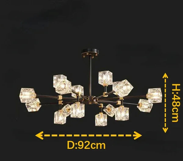Maison Ornate Modern Crystal Chandelier with glass cube lampshades, energy-efficient LEDs, 48 cm height.