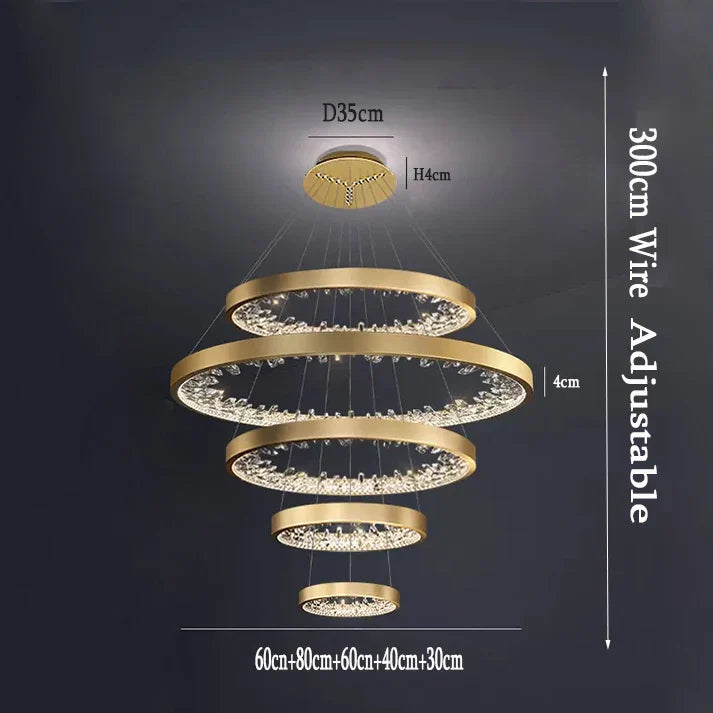 Gold five-ring chandelier with LED lights, dimmable feature, and adjustable 300cm hanging wires.