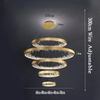 Gold five-ring chandelier with LED lights, dimmable feature, and adjustable 300cm hanging wires.