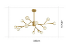 Modern Nordic chandelier with 10 glass globes on branching arms, 100 cm wide, LED-lit.