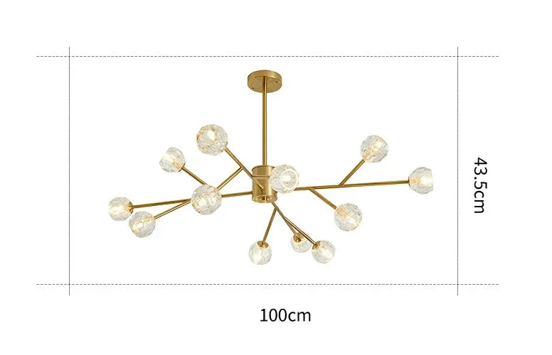 Modern Nordic chandelier with 10 glass globes on branching arms, 100 cm wide, LED-lit.