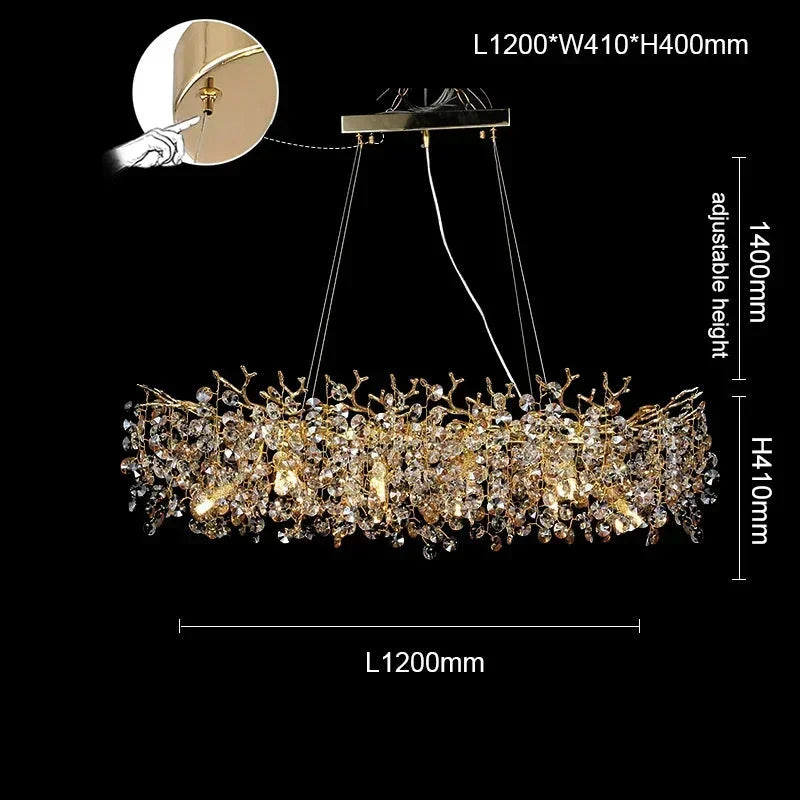 Contemporary crystal chandelier with gold accents, LED control, droplets; adjustable cables; inset highlights installation detail.