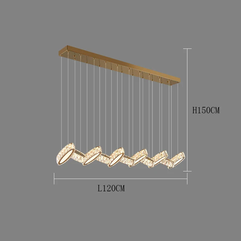 Modern crystal chandelier with zigzag LED crystals, gold accents, slim suspension; 150x120cm.
