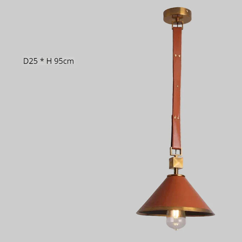 Conical brown metal chandelier with gold accents, leather suspension, 25cm diameter, 95cm height.