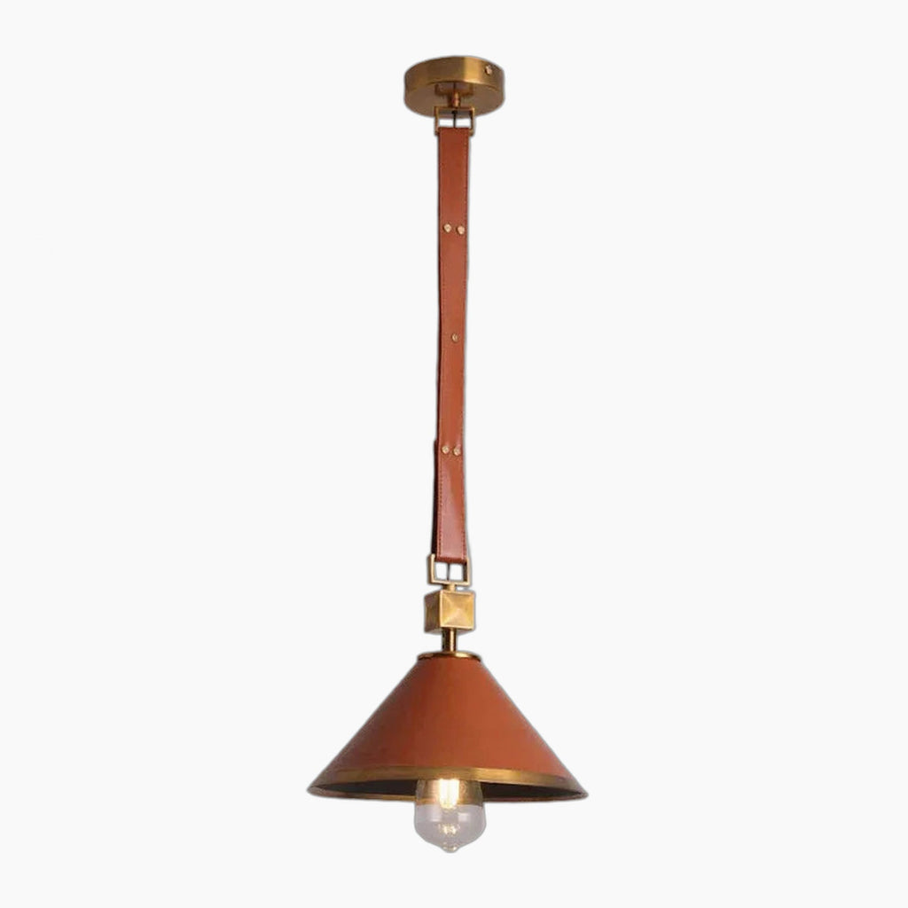 Crystal Ball Chandelier with brown leather strap, brass accents, and conical glass shade with exposed bulb.