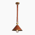 Crystal Ball Chandelier with brown leather strap, brass accents, and conical glass shade with exposed bulb.