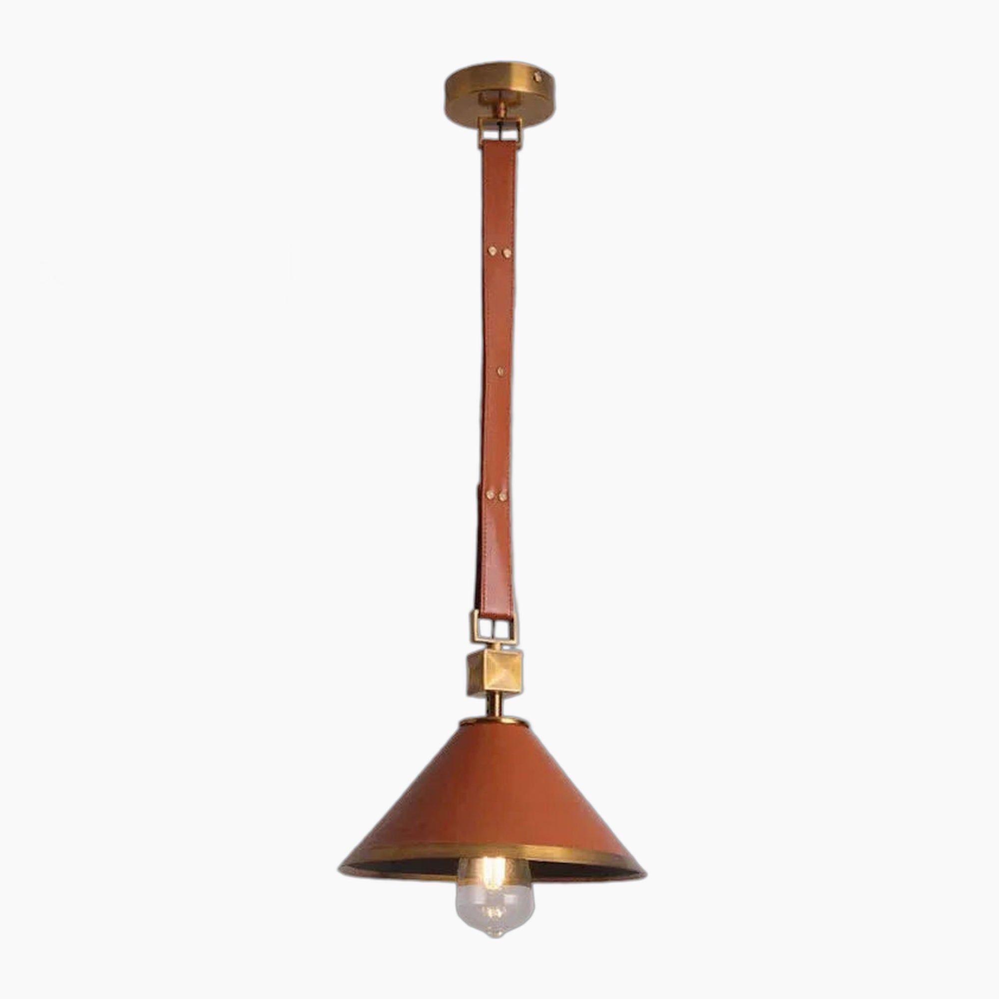 Crystal Ball Chandelier with brown leather strap, brass accents, and conical glass shade with exposed bulb.