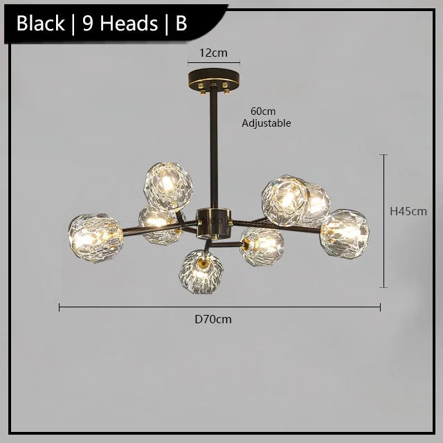 Postmodern crystal chandelier with nine LED globes, clear glass shades, and gold accents.