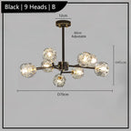 Postmodern crystal chandelier with nine LED globes, clear glass shades, and gold accents.