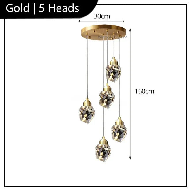 Modern gold-base chandelier with five crystal LED lamps hanging at different heights, 30cm by 150cm.