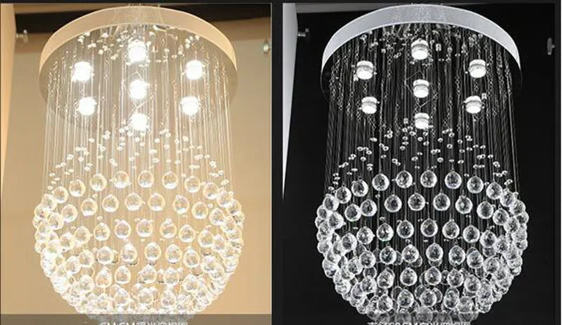 Left: Spherical crystal chandelier, polished steel, warm glow. Right: Cooler LED version, clear bead rings.