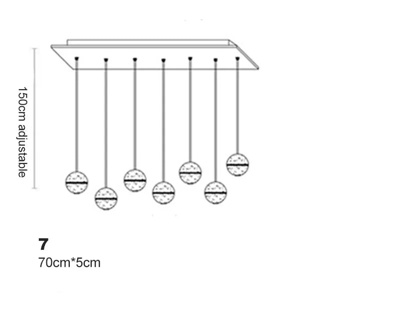 Crystal Sphere Chandelier with 7 adjustable pendants and rotating LED, sleek rectangular base. Modern design.