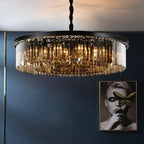 Maison Ornate Modern Crystal Chandelier with a striking geometric design, beautifully illuminated, ceiling-mounted.