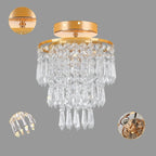 Modern Art Deco chandelier with gold frame and three crystal tiers, featuring detailed hardware close-ups.