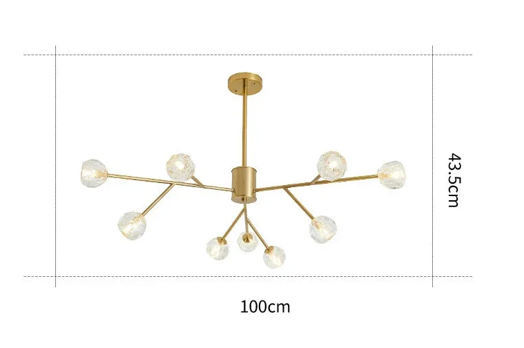 Modern Nordic LED chandelier with eight glass globe lights on angled arms, 100x43.5 cm.