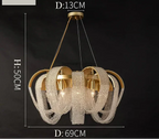 Gold-frame chandelier with six spiral crystal bead strands, three suspension wires, 50x69 cm size.