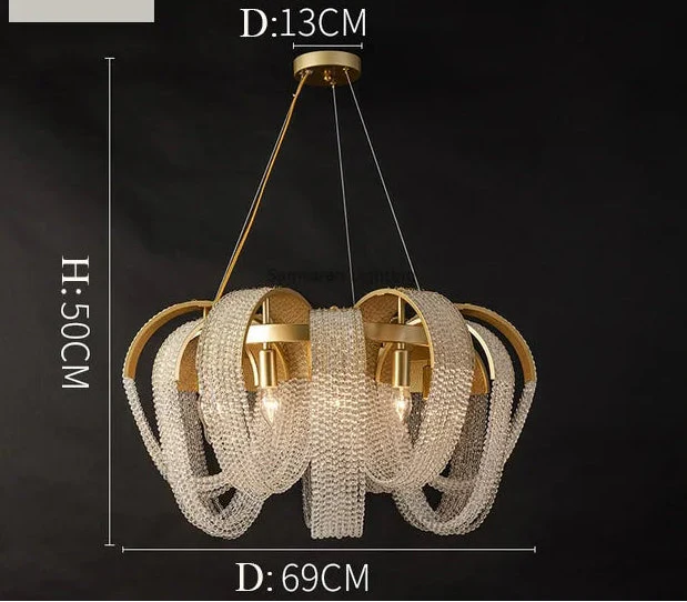 Gold-frame chandelier with six spiral crystal bead strands, three suspension wires, 50x69 cm size.