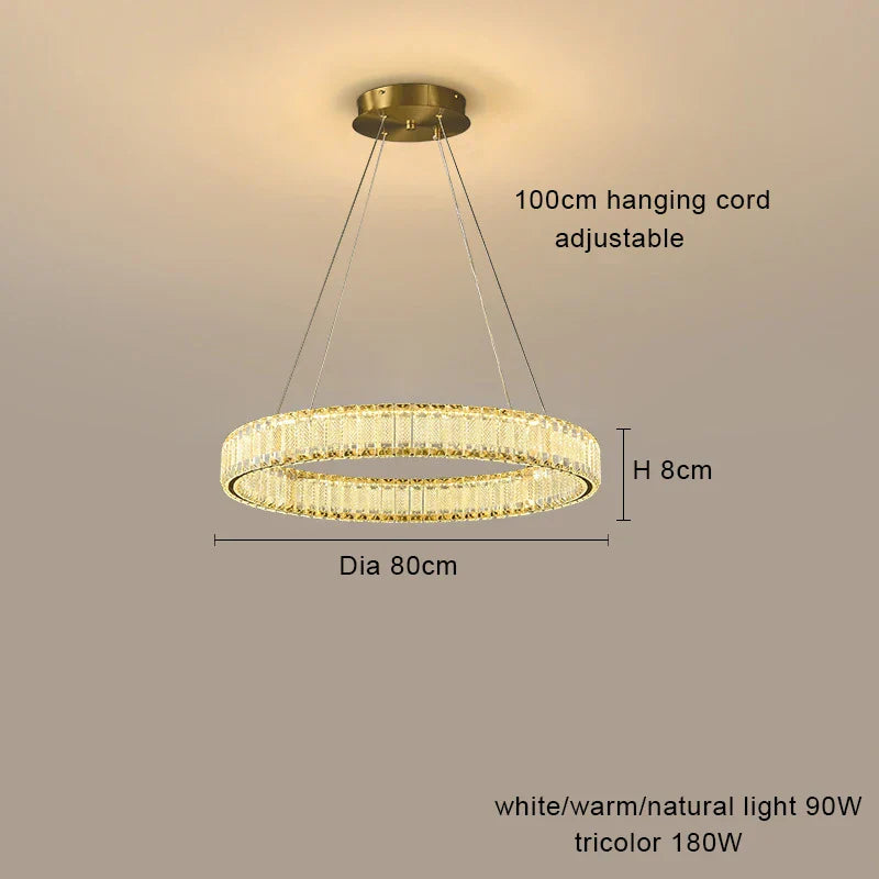 Round LED crystal chandelier with gold accents, dimmable tricolor light, 80cm wide, adjustable cord.