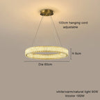 Round LED crystal chandelier with gold accents, dimmable tricolor light, 80cm wide, adjustable cord.