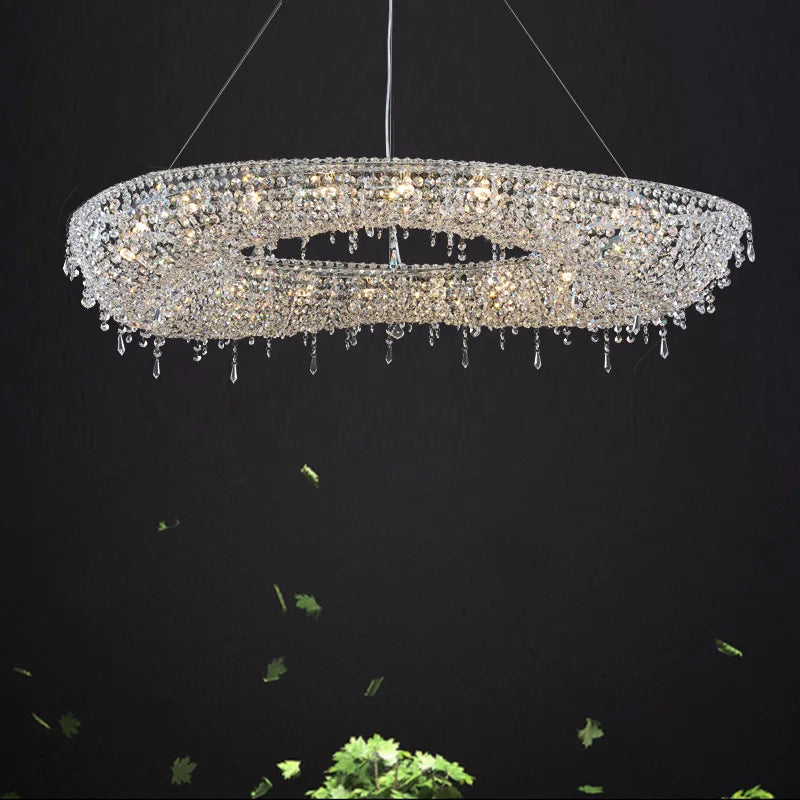 Maison Ornate Luxury Crystal Chandelier features sparkling crystals and an oval design with modern LED lighting.