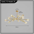 Gold chandelier with 15 crystal-style LED heads on branched arms, adjustable up to 60cm.