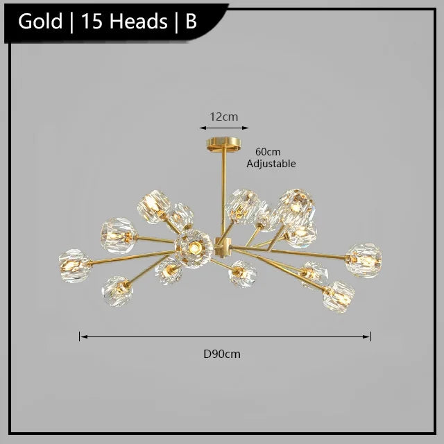 Gold chandelier with 15 crystal-style LED heads on branched arms, adjustable up to 60cm.