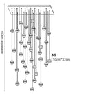 Rectangular crystal sphere chandelier with 36 globe bulbs, rotating LED, adjustable length, 110x37cm.