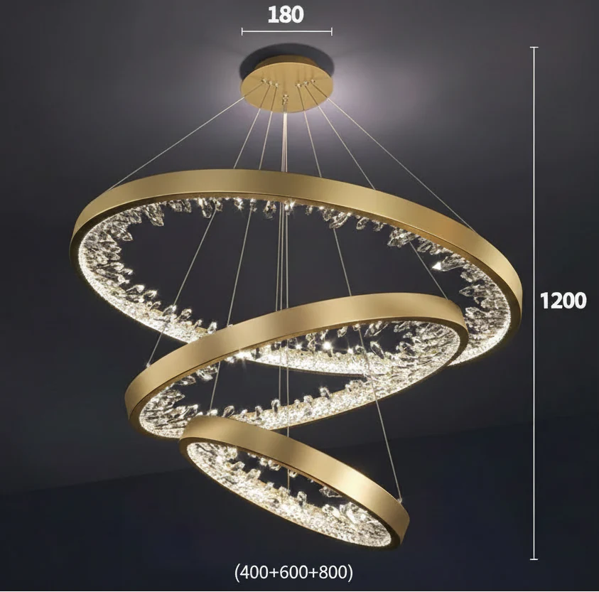 Three overlapping crystal rings chandelier with dimmable LED lighting, modern design, adjustable height.