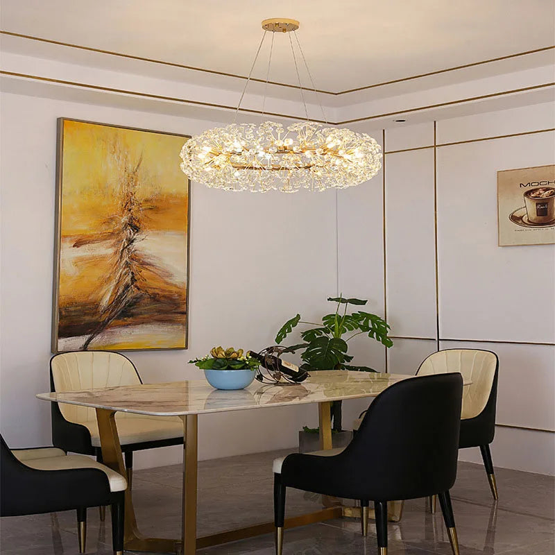 The Maison Ornate LED Crystal Dandelion Style Hallway Chandelier hangs as an elegant focal point.