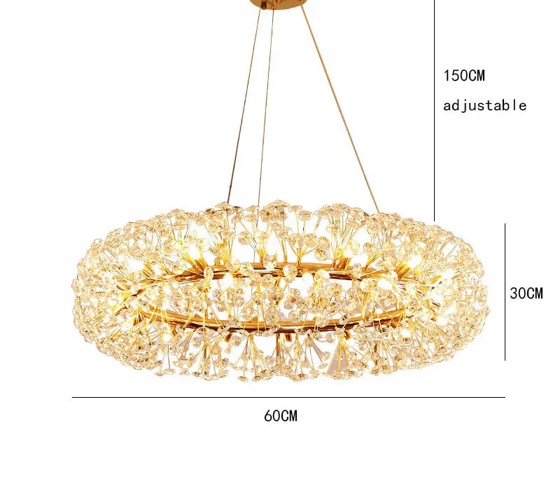 Gold and crystal Art Deco chandelier with circular dandelion design, adjustable suspension, 60cm wide.