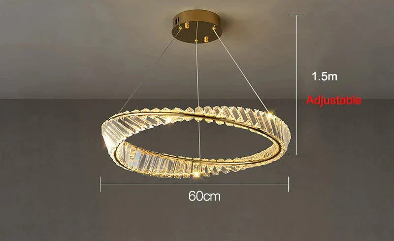 Modern circular LED chandelier with gold accents, 60cm diameter, adjustable height, elegant design.