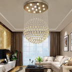 Maison Ornate Modern Spherical Crystal Chandelier in polished steel with LED accent lighting.