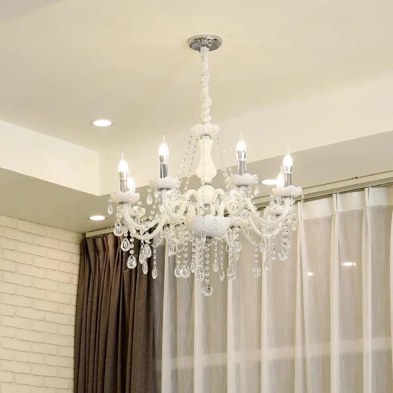Maison Ornate Nordic Baroque crystal chandelier with curved tubes, candle bulbs, and hanging crystals.