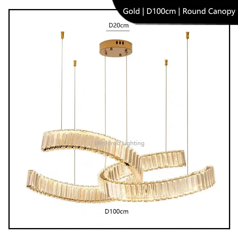 Two rectangular crystal rings with gold canopy, 100cm wide, postmodern stainless steel chandelier.