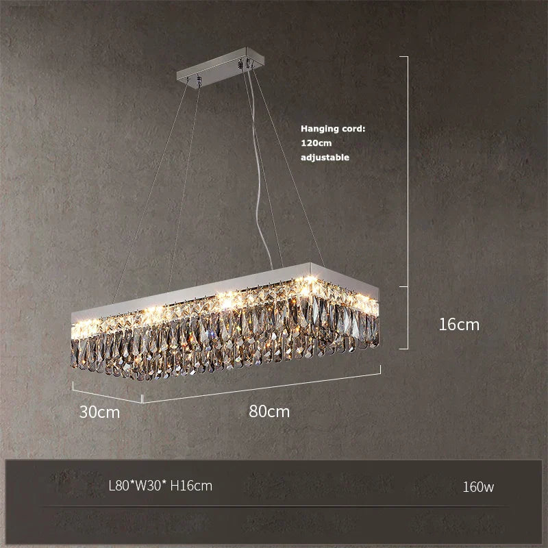 Rectangular LED crystal chandelier with silver frame, sparkling crystals, adjustable cord, and 160W power.