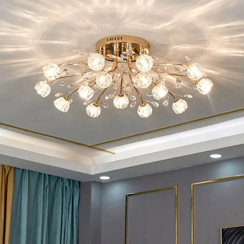 Ornate Nordic crystal chandelier with glass flower arms and integrated LED bulbs, elegantly reflective.