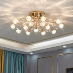 Ornate Nordic crystal chandelier with glass flower arms and integrated LED bulbs, elegantly reflective.