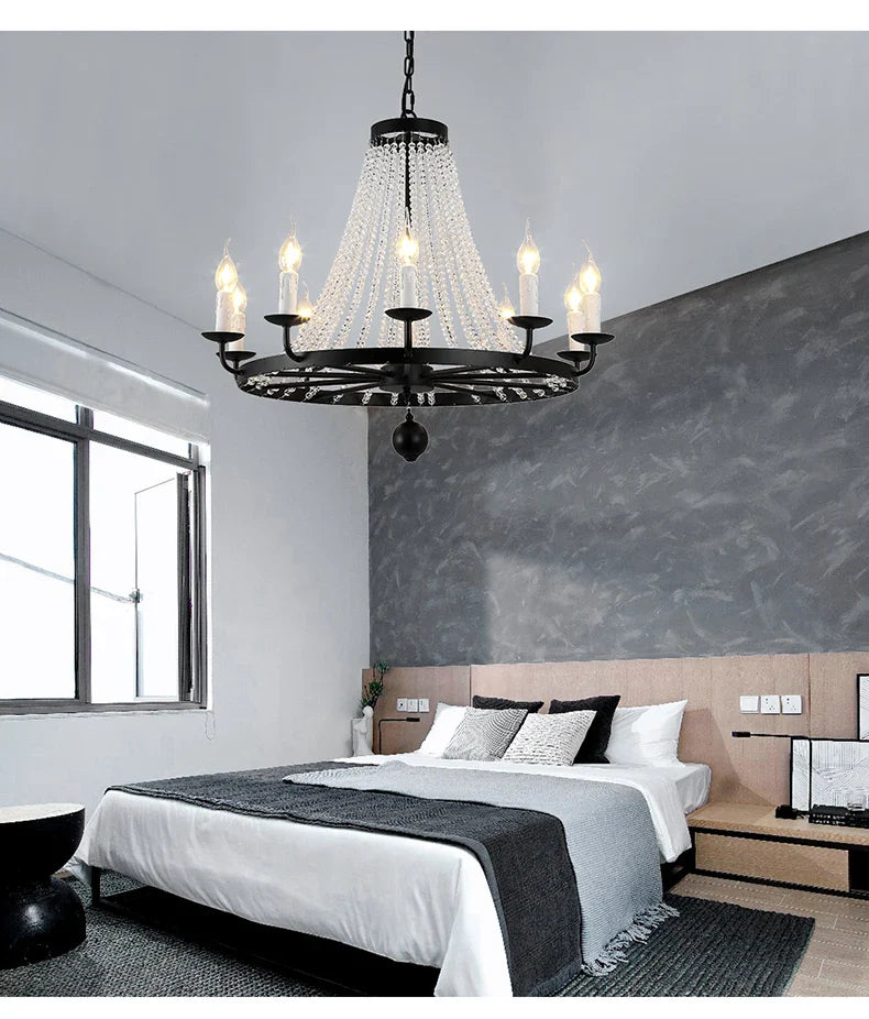 Maison Ornate Industrial Crystal Chandelier with iron and acrylic details, illuminated in modern space.