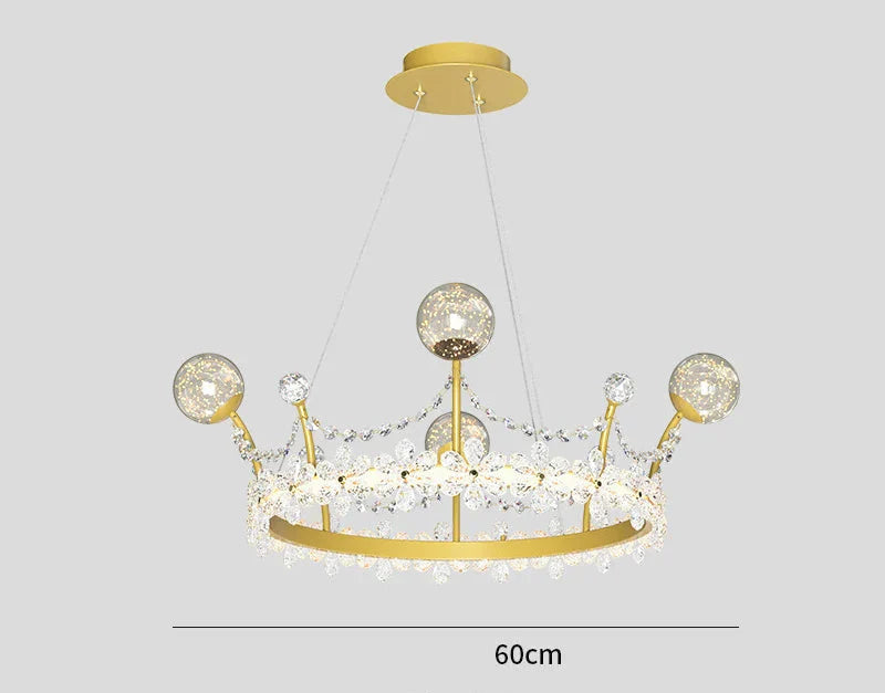 Gold mount chandelier with crown shape, crystal accents, spherical bulbs; 60cm wide, three hanging wires.